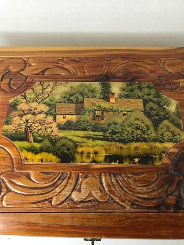 Vtg Carved Wood Jewelry Box, Country Scene, Inside Mirror & Hinged Lid - Picture 2 of 11