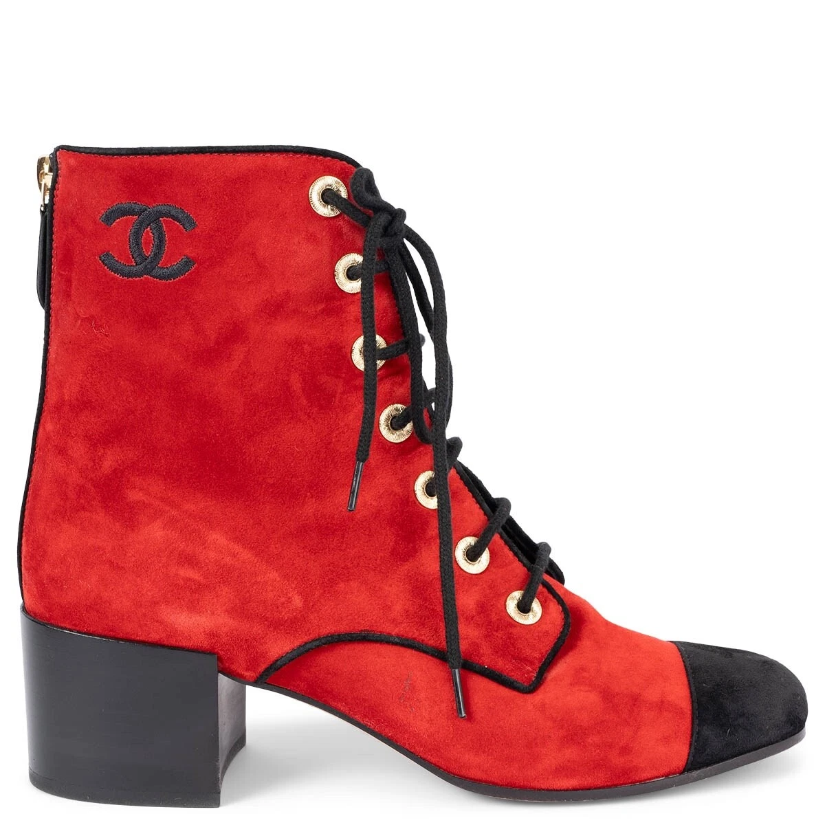 68705 auth CHANEL red suede 2019 19K BLOCK HEEL LACE UP Boots