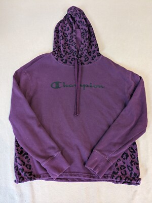 CHAMPION Women's Pullover Hoodie Purple Leopard SIZE Small