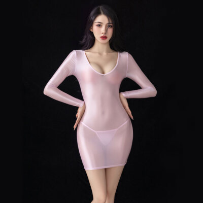 Women Shiny Glossy Long Sleeve Lingerie Mini Dress Cocktail Club Bodycon Dresses