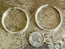 VTG Sterling Silver Large Round Circle Hoop Hinge Huggie Earrings 1-5/8" Diam