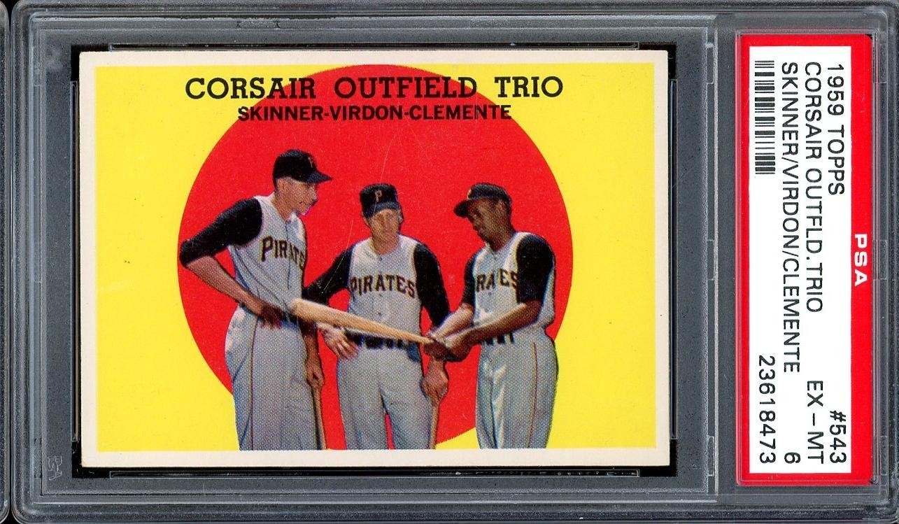 1959 Topps Baseball #543 Corsair Outfield Trio Clemente PSA 6 view 1