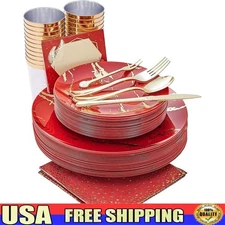 Red Plastic Dinnerware Set 25 Plates Utensils Cups Reusable Party Supplies New