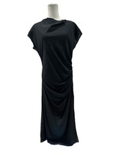 Mango MNG Kelly Dress XL (US 10) Black Draped Ruched Midi Maxi Cap Sleeve NWT