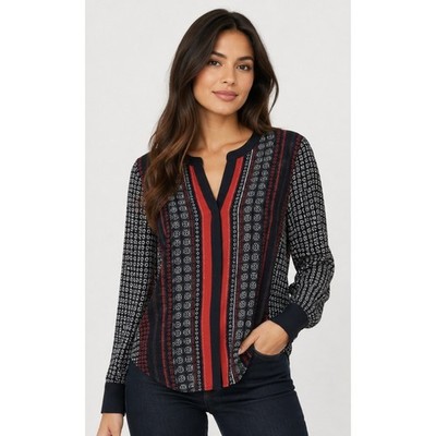 Sanctuary Scarf Print Blouse Womens XS Navy Orange Sheer Boho XB897-Z82