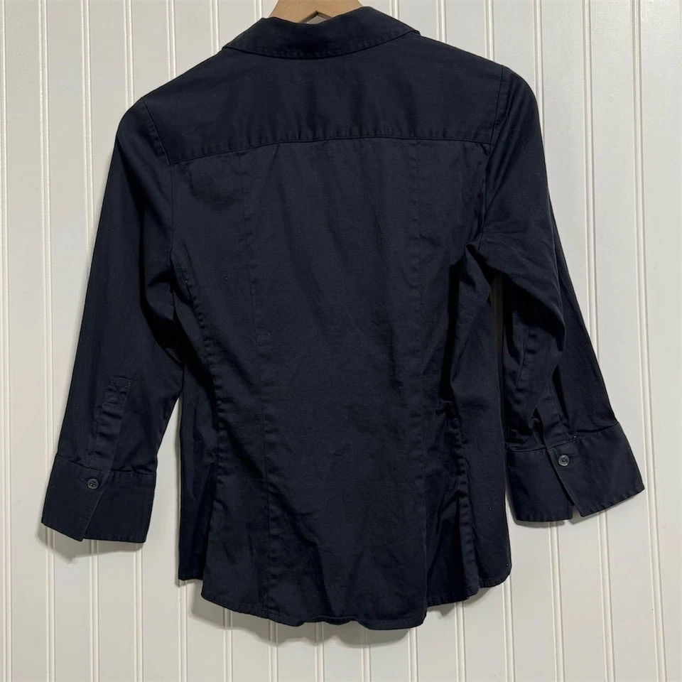 Camisa Banana Republic Negra Elastizada Ajustada con Botones M Manga 3/4 Algodón Y2K Foto 3 de 4