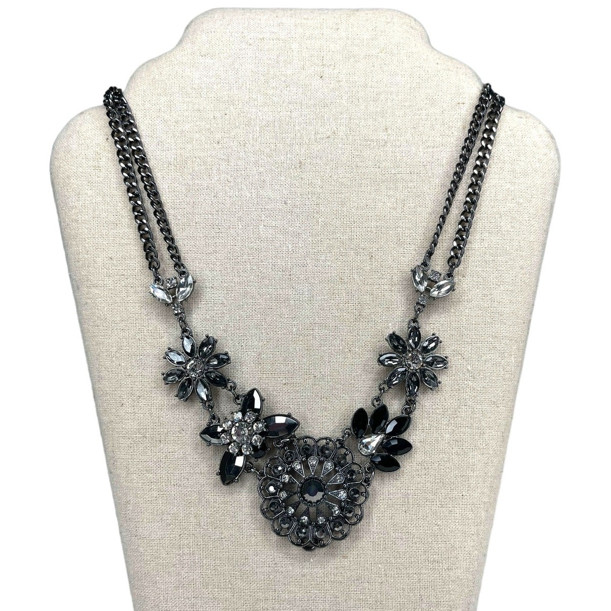 Black Rhinestone and Chain Statement Necklace Flo… - image 7