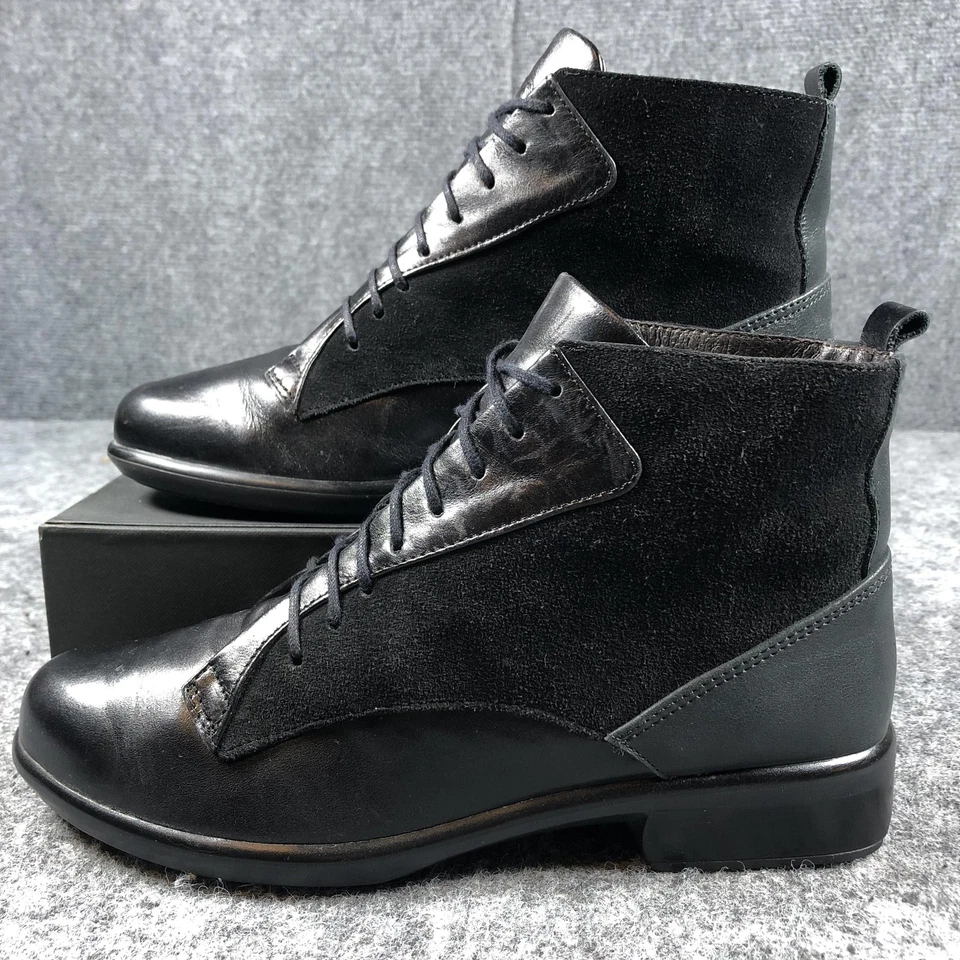 Botas Naot Femininas Tamanho 6-6.5 Couro Preto Camurça com Cadarço Tornozelo Conforto Casual - Imagem 3 de 4