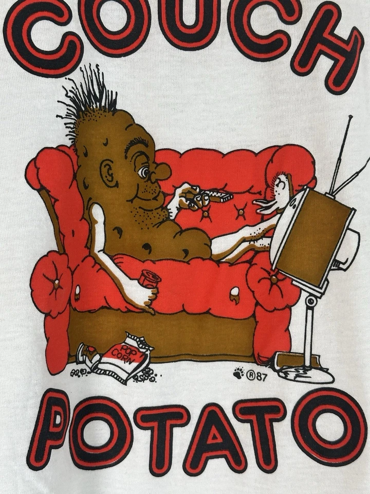 Vintage 1987 Couch Potato T Shirt Screen Stars Single Stitch Ringer L USA - Image 3 of 4