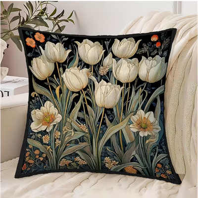 THROW PILLOW COVER- White Tulip Garden Inspired by William Morris, 18X18''