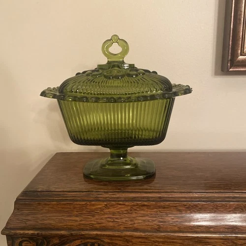 Antique Avocado Green  Indiana /Depression Open Lace Glass Candy Dish W/Lid