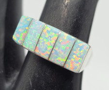 Signed Navajo Opal Inlaid Sterling Silver Ring Size 8