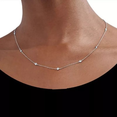 Bezel Set 1.04Ct Round Natural Diamond Women's Station Necklace 14k White Gold