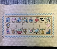 Vintage Finished Handmade Counted Cross Stitch Country Motif Sampler Unframed