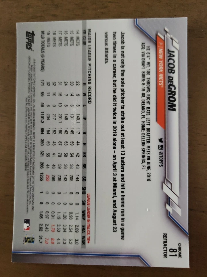 JACOB DeGROM 2020 TOPPS CHROME PINK REFRACTER CARD #81. NEW - Image 2 of 2