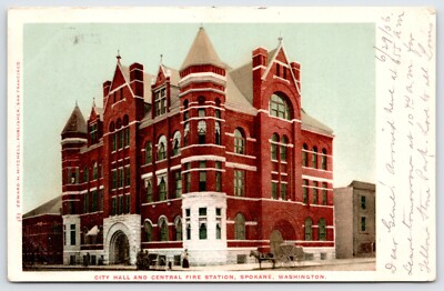 #ad Postcard City Hall And Central Fire Station Spokane Washington Posted 1906 $6.50