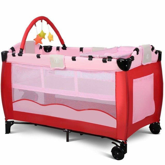 Baby Crib Portable Playpen Infant Mobile Nursery Playard Bed Mattress