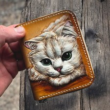 Woman's Leather Wallet with Cat Carving - Handmade Custom Lady Wallet Gift for H