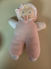 Eden Girl Baby Doll Plush Pink Quilted Cloth Blonde Hair Blue Eyes Bonnet