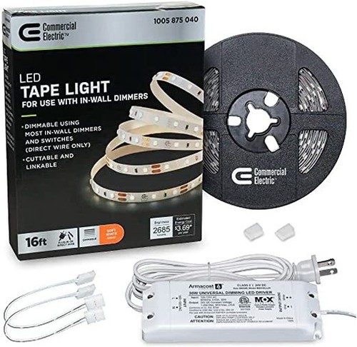 Commercial Electric 16 ft. LED AC Dimmable White Tape Light Kit Under Cabinet Li