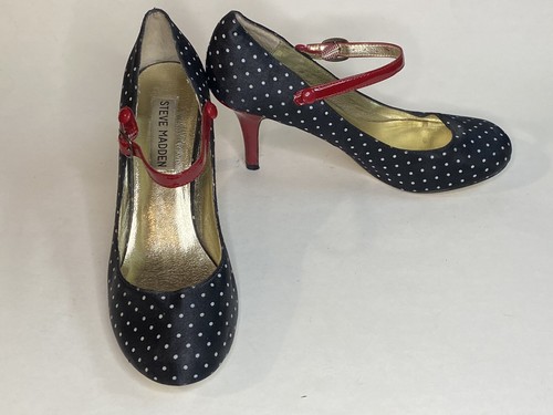 Steve Madden “LUVVY” WN Pumps SZ 6M Black W/ White Dots 3” Red Patent Heel - Picture 21 of 24