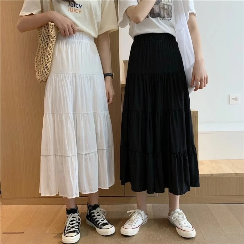 2 Pcs Indian Black & White Long Frill Skirts Cotton Skirt Women's Clothing Skirt