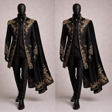 British Black 3pcs Men Suit with Cape Gold Embroidery Wedding Tuxedos Party Prom