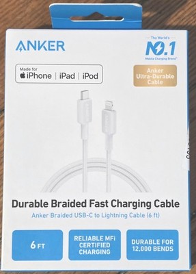 MFi-Certfified Anker 6' Braided Lightning to USB-C Fast Charging Cable - White
