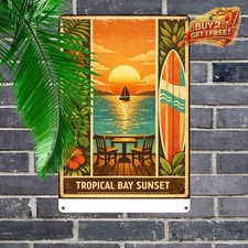 Aroha Beach Sunset Tropical Coastal Tin Metal Sign Home Wall Decor 8x12