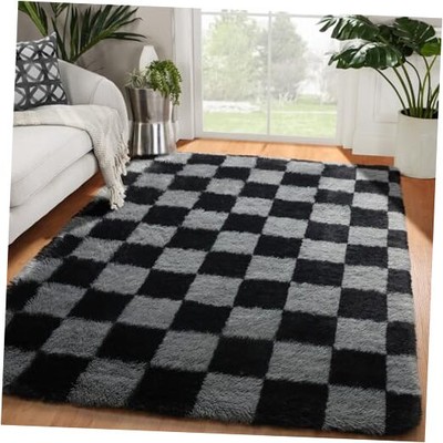  Black and Grey Area Rug for Bedroom, 4x6 Fluffy Fuzzy Shag Checkered Rugs 