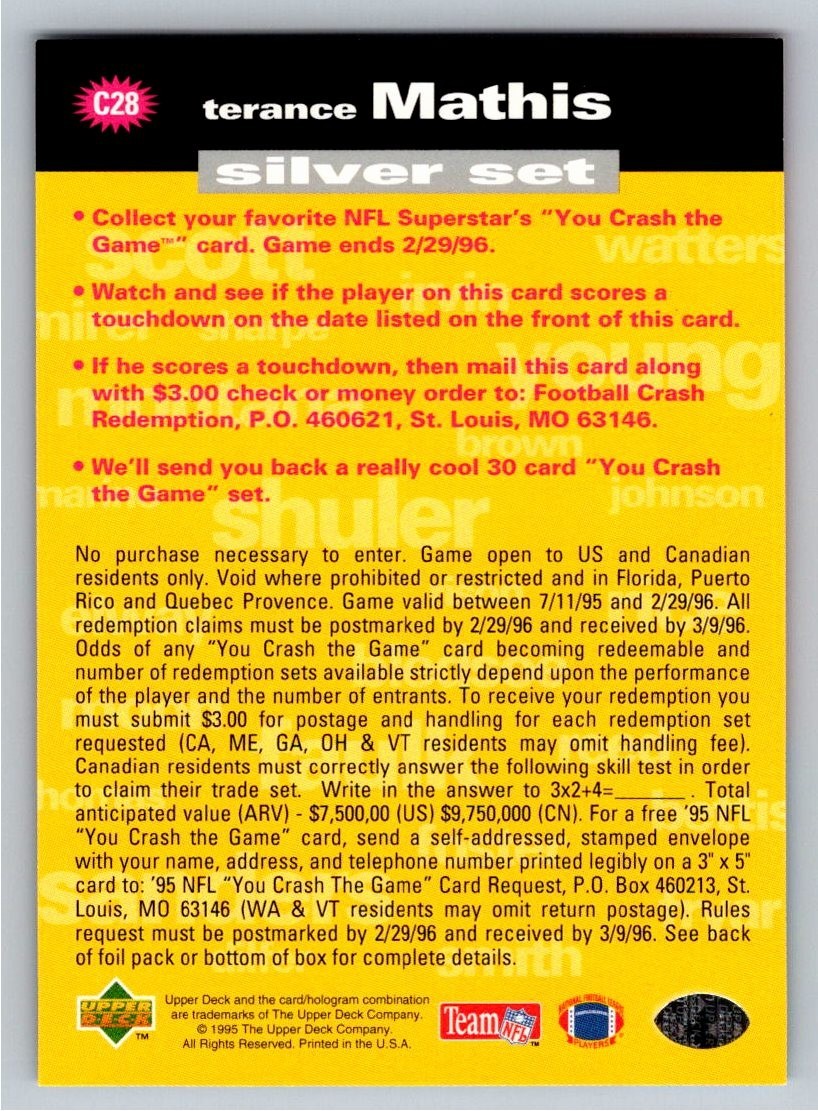Terance Mathis 1995 Collector's Choice #C28 You Crash the Game