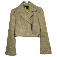 Arden B Green Tweed Cropped Blazer M Wool Blend Puff Shoulder Buckle Jacket