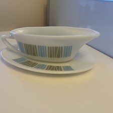 JAJ Pyrex Matchmaker Pattern Striped Gravy Boat / Saucer Retro Dining
