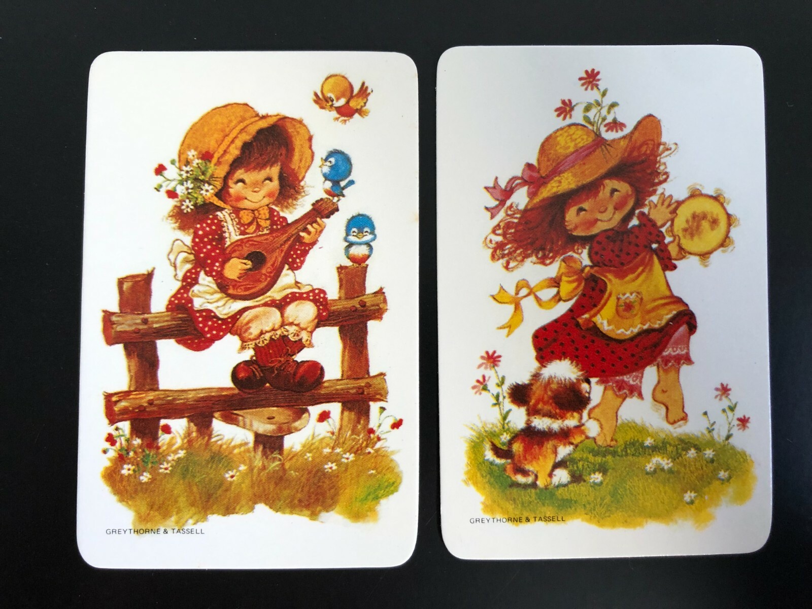 Vintage Swap Cards: Country Girls Dance Play Music Banjo. Puppy Dog Bird Flowers