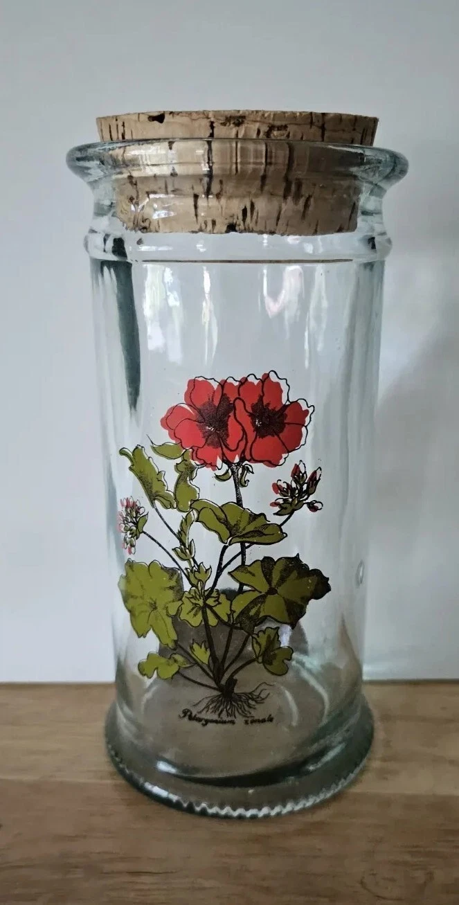 Vintage 2 Piece Glass Jar 8" Tall & Cork Lid Floral Print Thick Preserving Glass