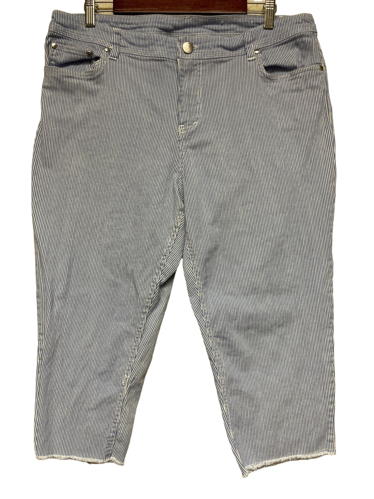 CJ Banks Engineer Stripe Raw Hem Capri Denim Blue Jean Women's