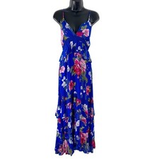 Band Of Gypsies Chloe Floral Printed Tiered Ruffle Midi Dress Blue Extra Small