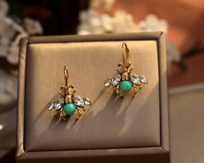 Boucles d'oreilles Dormeuses Doré Petit Insect Abeille Perle Opale Vert Syn. QD4 - Photo 1/4