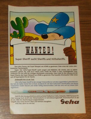 Seltene Werbung GEHA SUPER-SHERIFF Tintenentferner ATARI Telespiel Promo 1988
