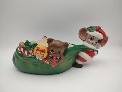 Vtg Santa Mouse Pulling Bag Of Toys Bowl  Ceramic Christmas Hand Painted Sugared