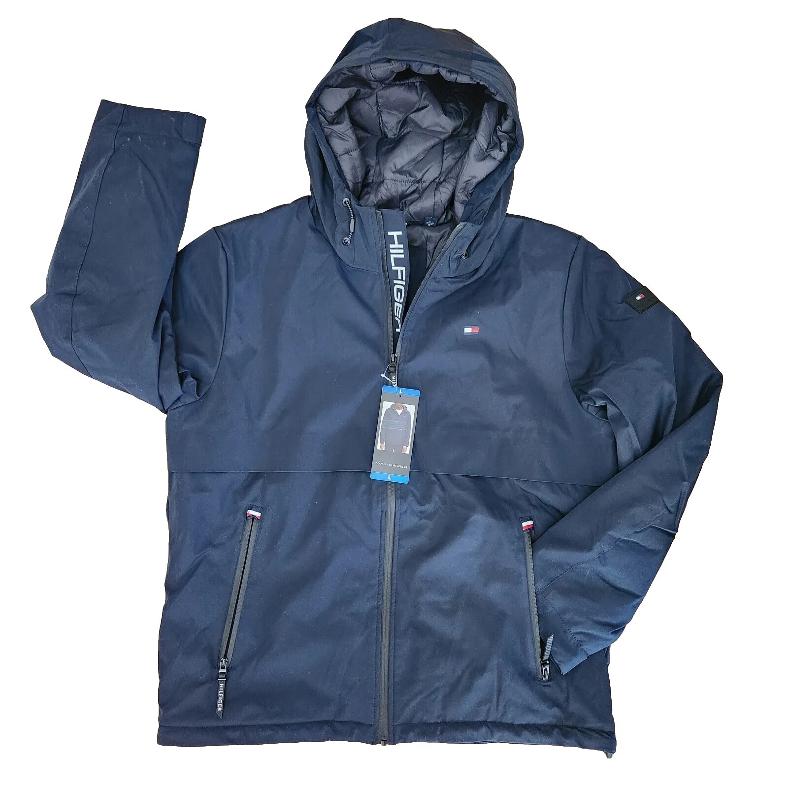 Tommy Hilfiger Mens L Navy Performance Jacket Hooded Coat Water Wind Resistant