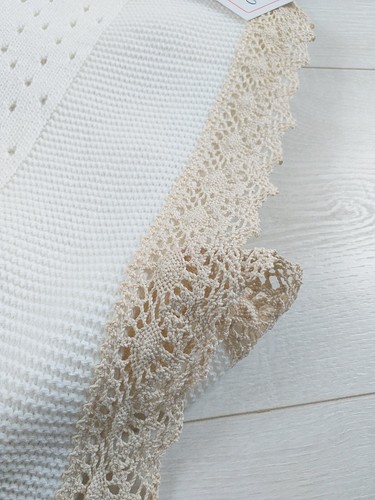 Romany Spanish Baby Shawl Baby Blanket Cream with Beige Lace and Cream bow - Picture 4 of 11