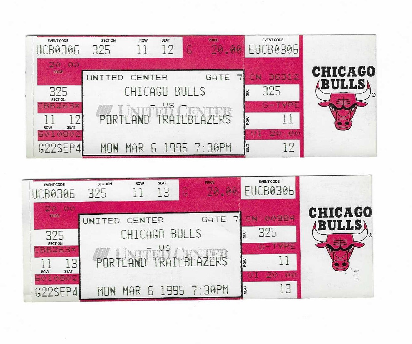 Chicago Bulls vs Portland Trailblazers Unused Basketball Tickets 3/6/1995