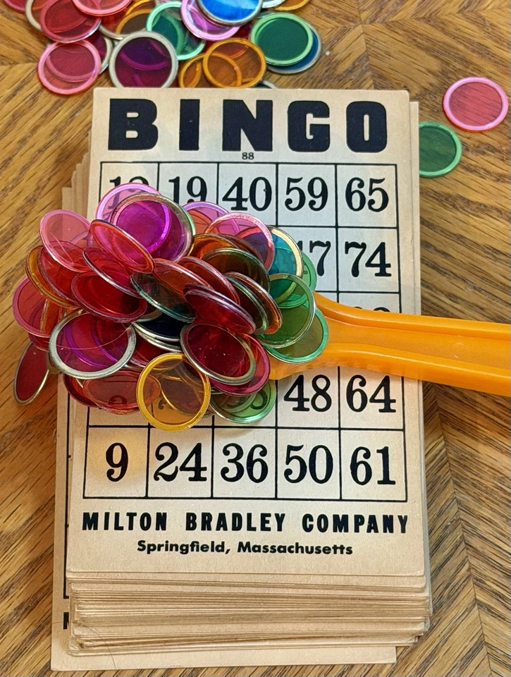 Vintage 48 Milton Bradley & 17 Pressman Bingo Cards, 135+ Markers & Magnet Wand - Image 4 of 4