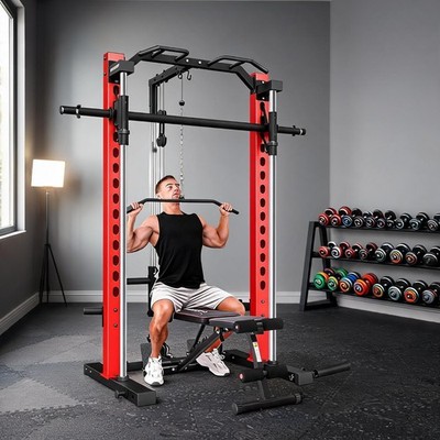 Smith Machine Squat Rack All-in-One Power Rack Cage with Barbell Bar for Home Gy
