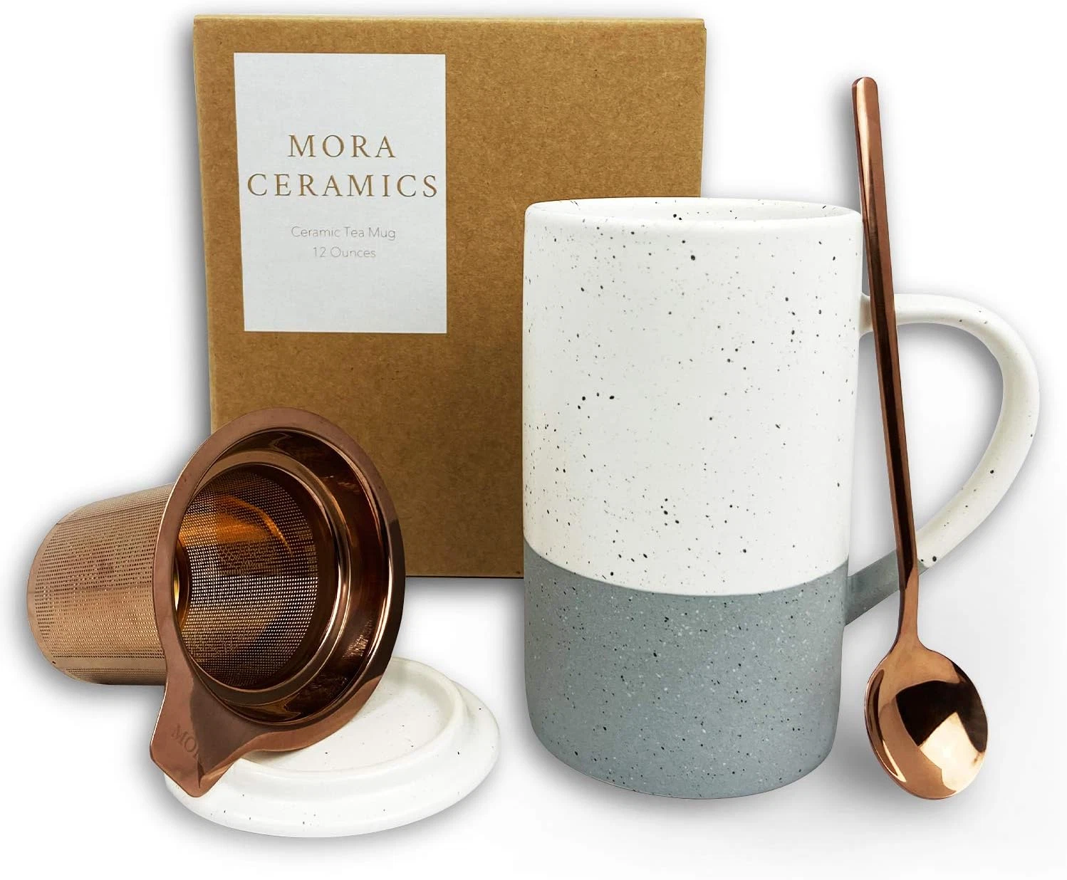 Ceramics Tea Cup with Loose Leaf Infuser, Spoon and Lid, 12 Oz, Microwave and Di