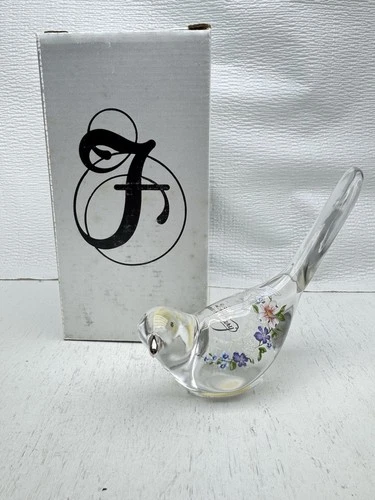 Vintage Fenton 25th Anniversary Art Clear Glass Bird Figure Hand Painted Flowers
