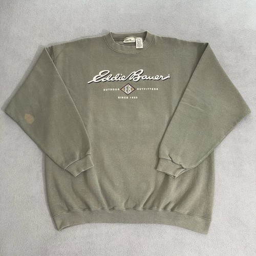 Olive green vintage Eddie Bauer sweatshirt size L with white “Eddie Bauer Outdoor Outfitters Since 1936” text and logo.