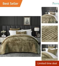 Velvet Quilt King Size Olive Green Striped Comforter Set with Pillowcases