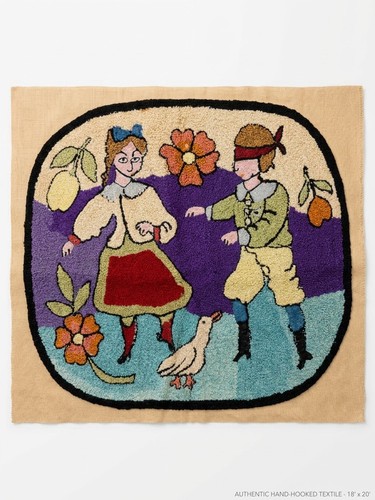 Vintage Folk Art Hooked Rug Blind Mans Buff Primitive Pillow Panel Wool Linen